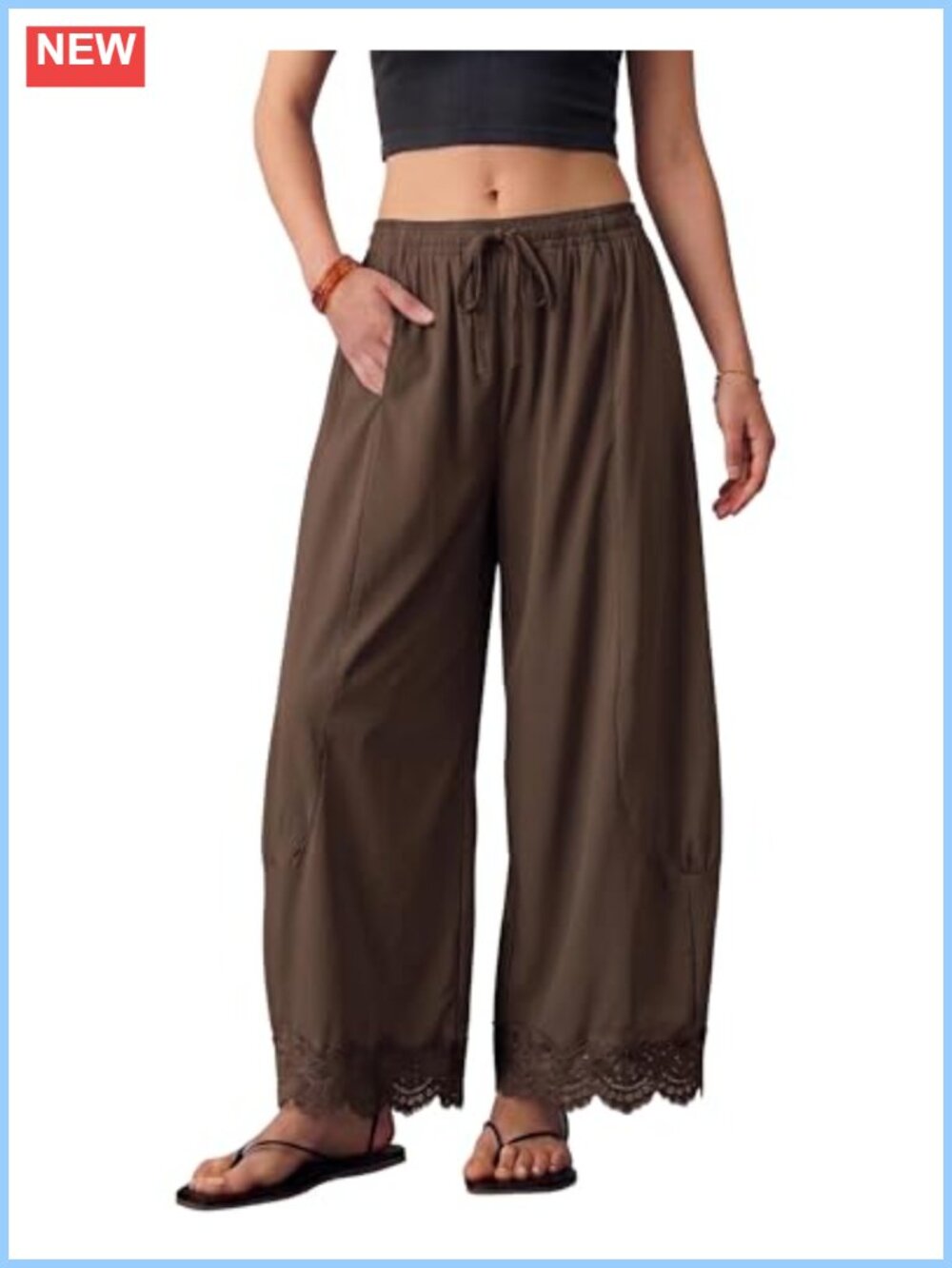 Wide Leg Palazzo Pants 4-Way Stretch Lace-Hem Cropped Casual